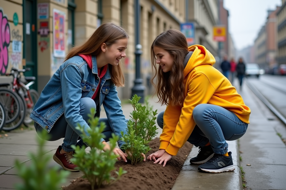 Deux adolescentes plantant des arbustes dans une rue urbaine