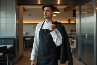 Jeune serveur en tenue dans l'entrée du restaurant