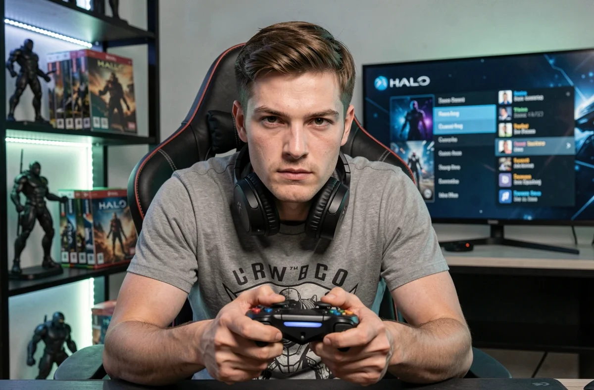 Joueur tenant une manette Xbox dans une salle de jeu dédiée avec des figurines Halo en arrière-plan, illustrant la communauté Game Pass