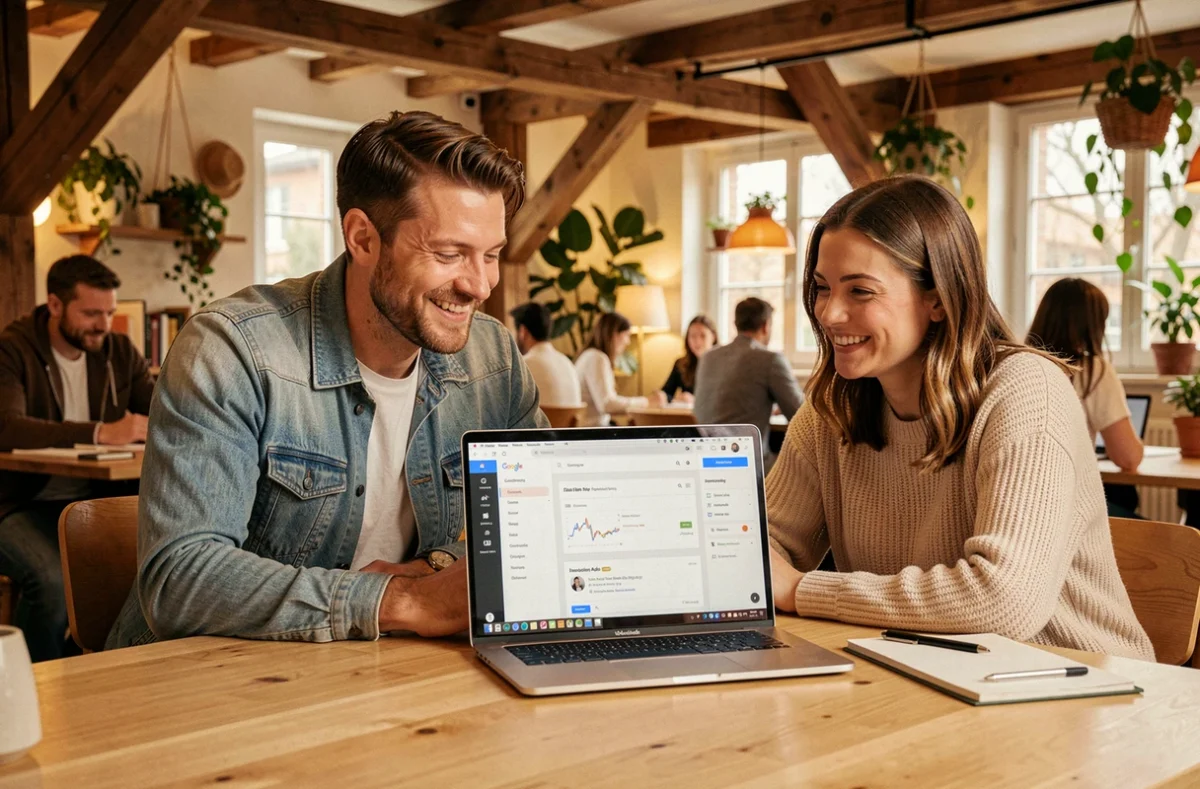 Équipe collaborative de l'agence La Collab travaillant ensemble sur une campagne Google Ads dans un espace de coworking à Toulouse