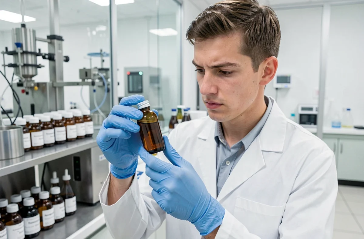 Scientifique en laboratoire analysant un extrait utilisé dans la fabrication de Red Bull