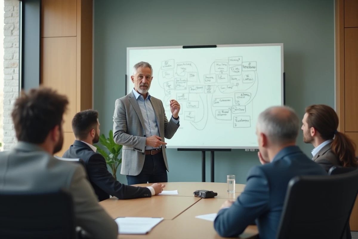 Leader pr&eacute;sentant devant un groupe d'employ&eacute;s sceptiques dans une salle de formation, illustrant les erreurs de communication qui fragilisent la cr&eacute;dibilit&eacute; manag&eacute;riale