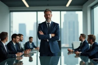 Manager en costume marine croisant les bras face à une équipe sceptique lors d'une réunion d'entreprise, illustrant un manque de crédibilité de leadership