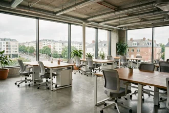 Espace de bureau moderne en open space avec vue sur le quartier d'affaires de Villeneuve-d'Ascq, idéal pour illustrer la location de bureau