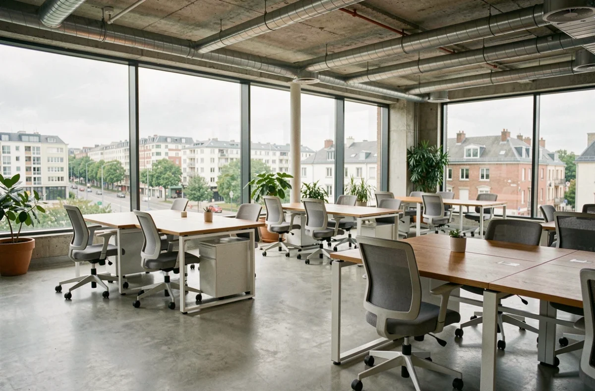 Espace de bureau moderne en open space avec vue sur le quartier d'affaires de Villeneuve-d'Ascq, idéal pour illustrer la location de bureau