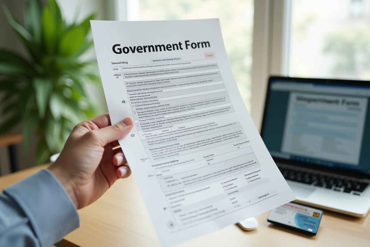 Main tenant un formulaire important avec ordinateur et carte d