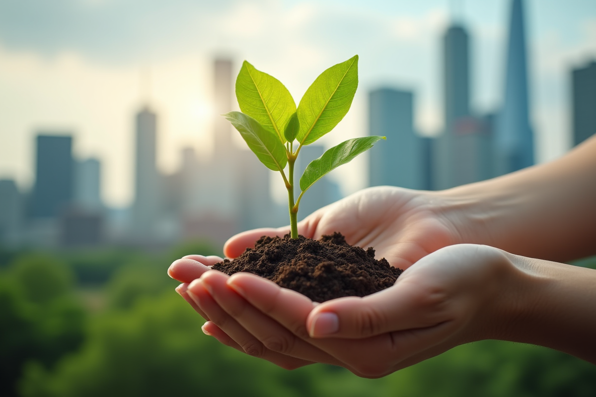 Mains tenant un petit arbre en ville symbolisant la responsabilite environnementale