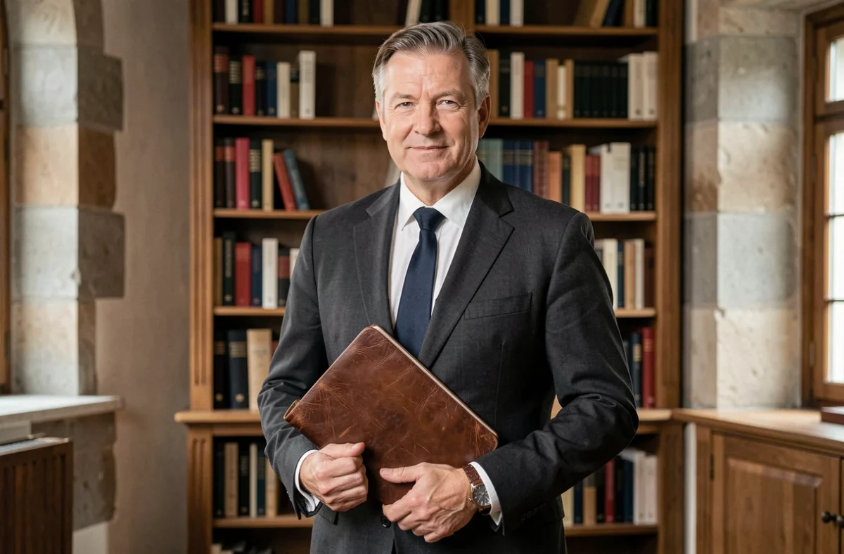 Maître Didier Reins avocat en droit social debout dans son cabinet au barreau de Strasbourg avec un dossier en cuir