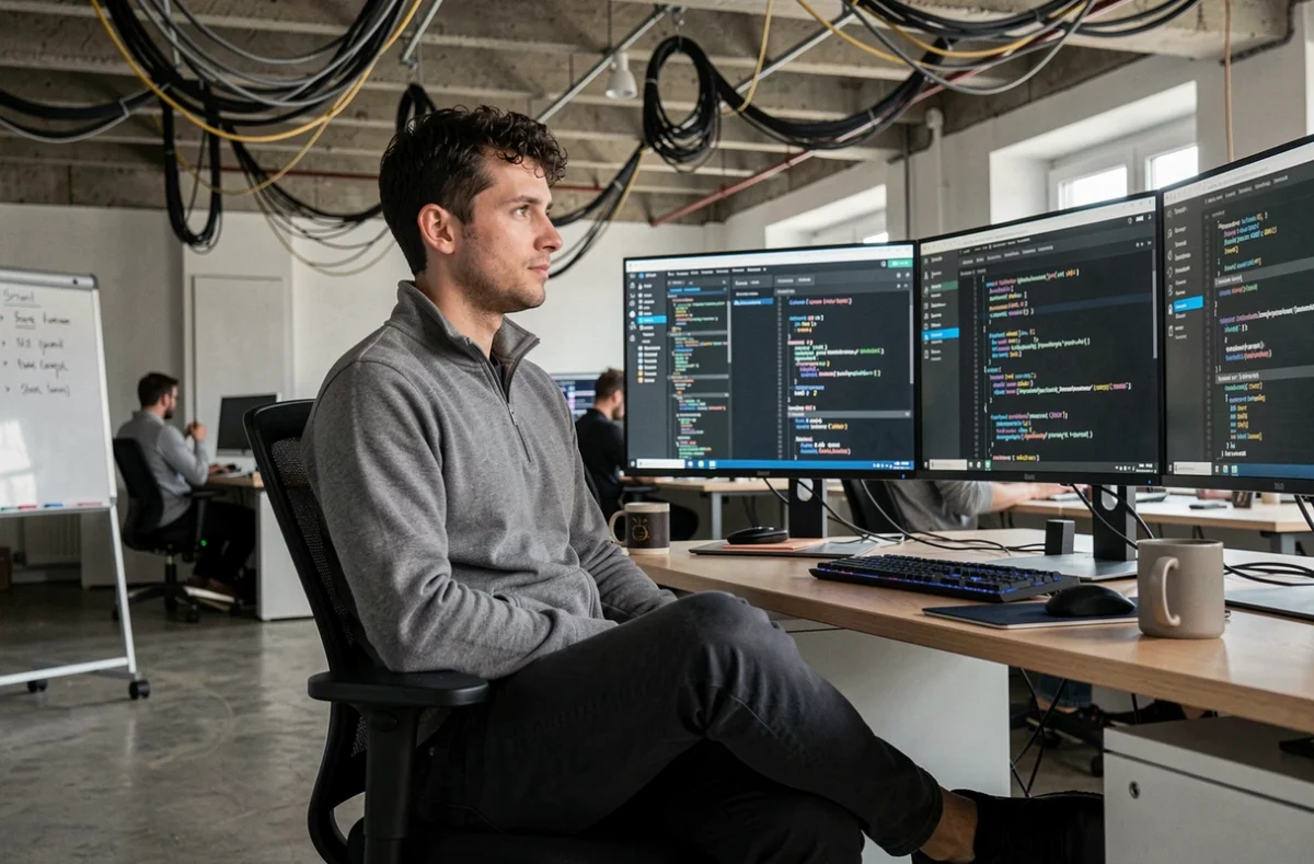 Ingénieur logiciel de Managed Code travaillant sur du code et une interface d'application web dans un bureau de startup industriel moderne
