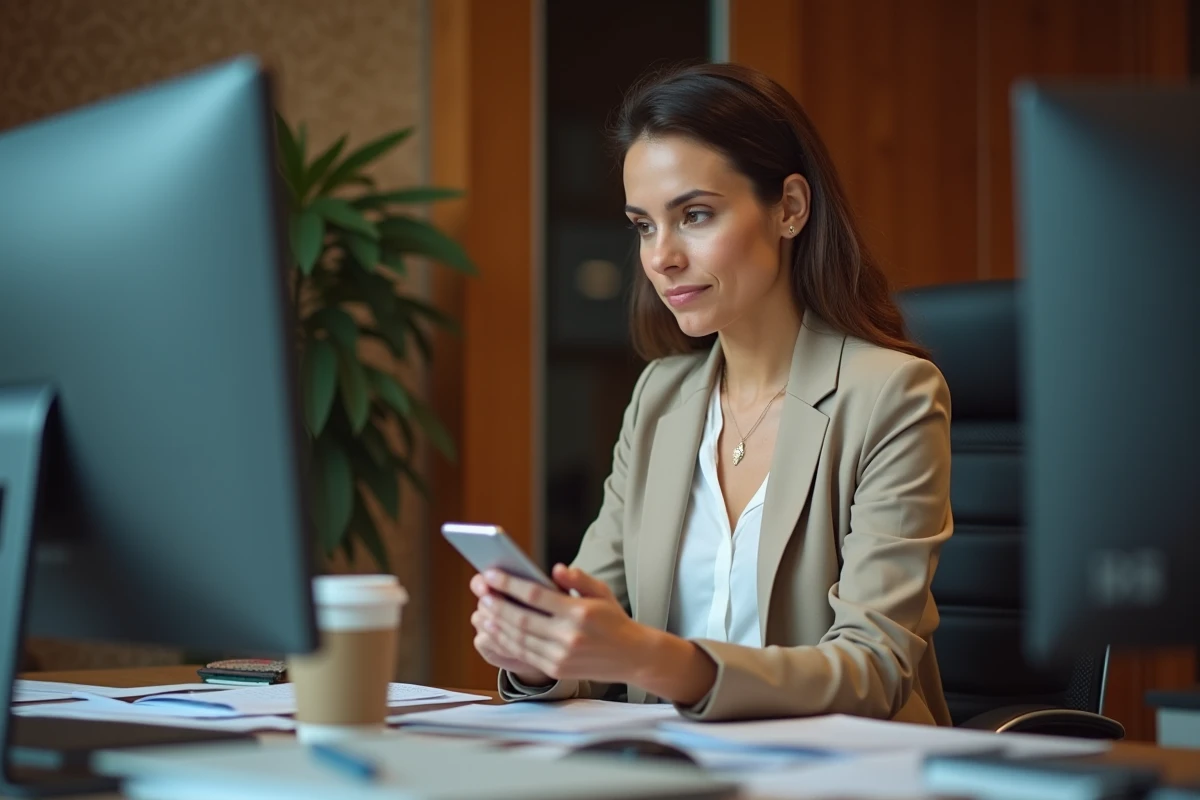 Femme manager distraite par son t&eacute;l&eacute;phone pendant un appel vid&eacute;o professionnel, symbolisant les erreurs discr&egrave;tes qui nuisent &agrave; l'autorit&eacute; d'un leader