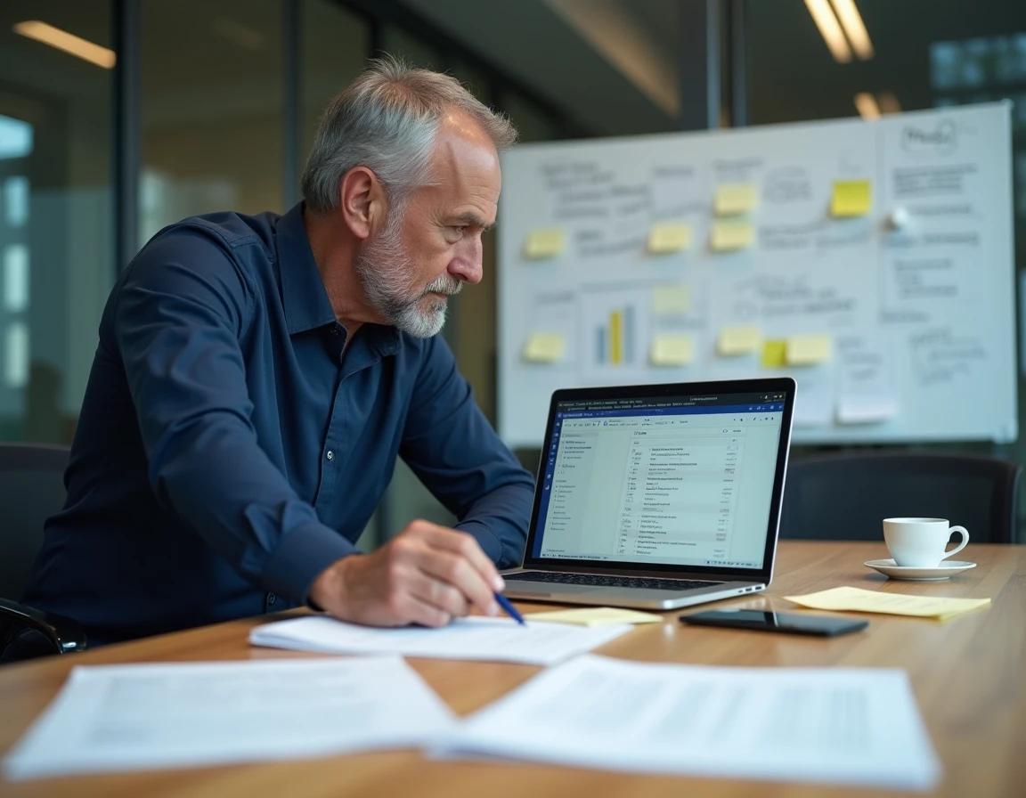 Manager RH analysant des documents de configuration lors d'une session de résolution de problèmes dans une salle de réunion