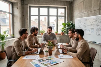 Équipe d'une agence de communication en Nouvelle-Aquitaine collaborant autour d'une table de travail avec des moodboards et des ordinateurs portables
