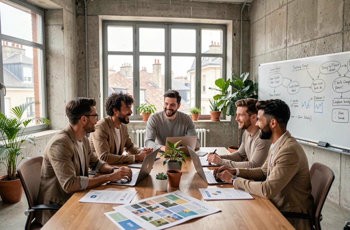 Équipe d'une agence de communication en Nouvelle-Aquitaine collaborant autour d'une table de travail avec des moodboards et des ordinateurs portables