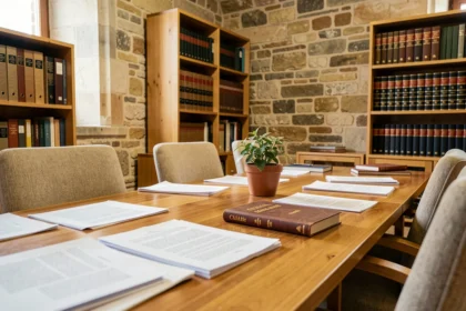 Bureau d'avocat spécialisé en droit du travail dans le Grand Est avec documents juridiques et bibliothèque de droit