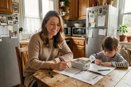 Mère en horaires décalés 5x8 organisant la garde de son enfant avec un planning familial dans la cuisine
