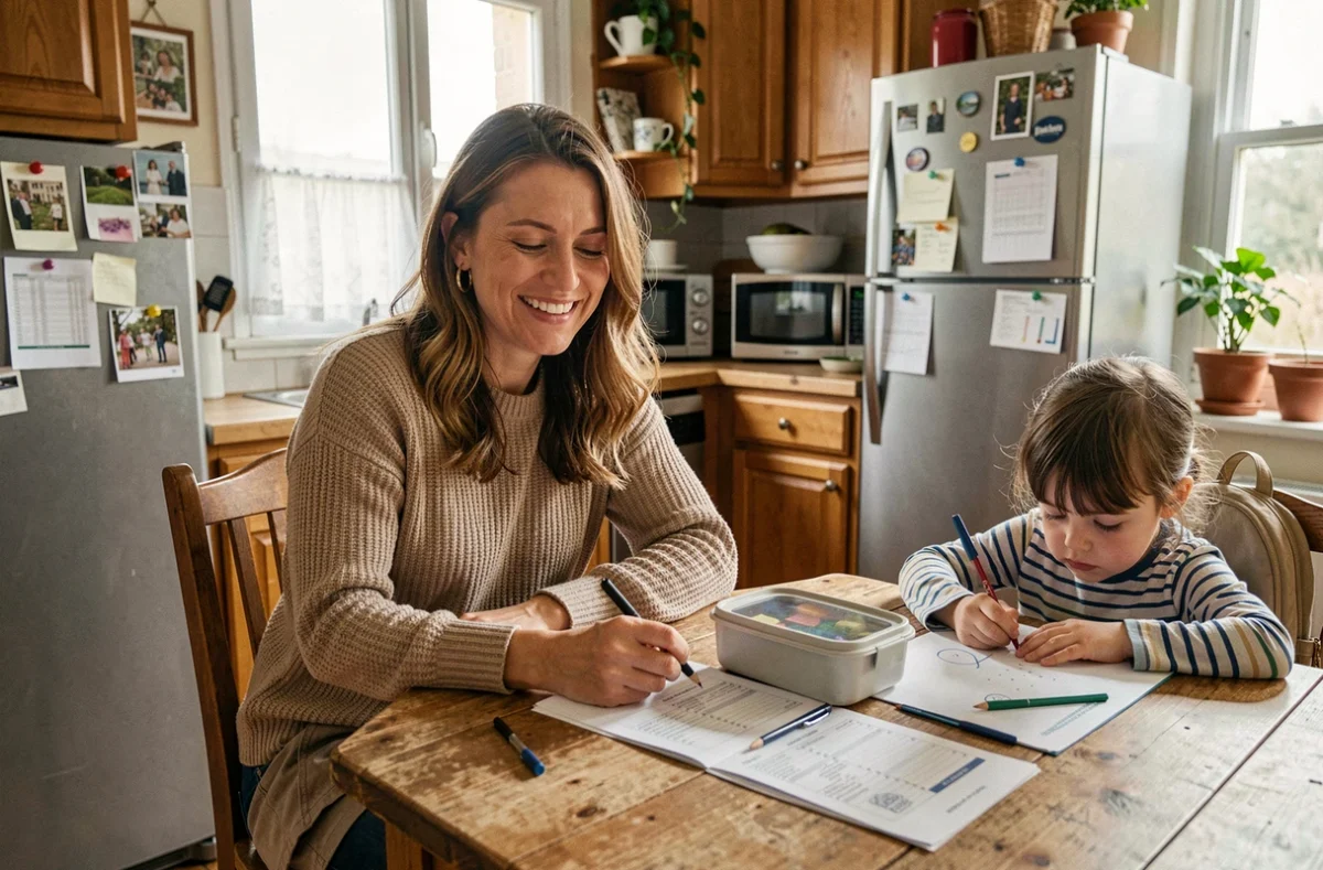 Mère en horaires décalés 5x8 organisant la garde de son enfant avec un planning familial dans la cuisine