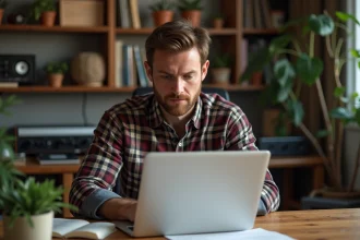 Musicien d'âge moyen dans son studio à lire des critiques