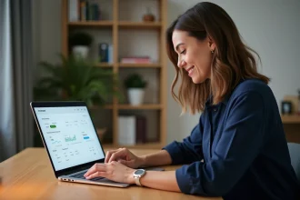 Femme naviguant sur son espace client advango depuis un ordinateur portable dans un bureau à domicile moderne