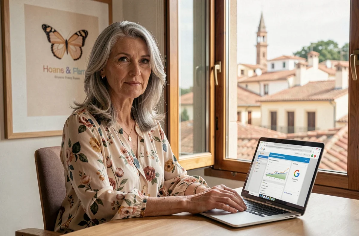 Stratège senior de l'agence Objectif Papillon consultant un rapport de croissance Google Ads avec vue sur les toits de Toulouse
