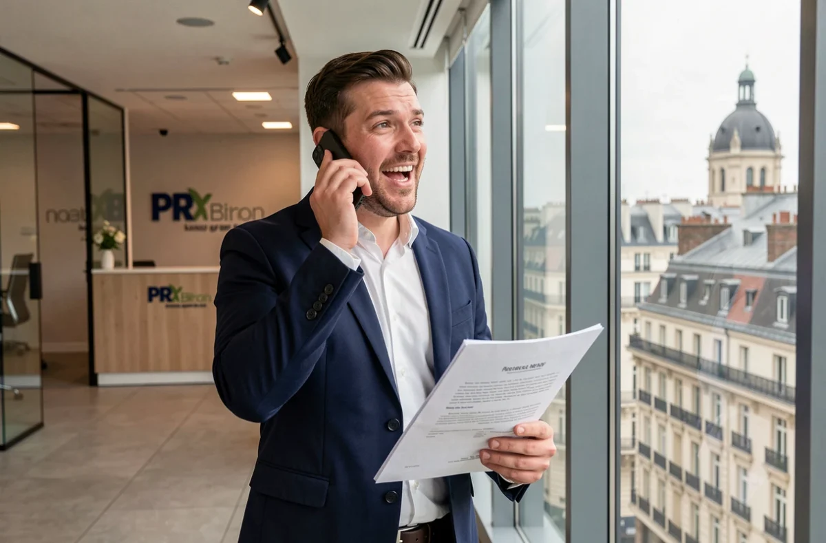 Spécialiste en relations presse d'Oxygen RP passant un appel avec un dossier de presse à la main devant une fenêtre avec vue sur Bordeaux