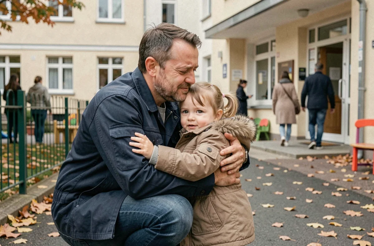 Père travaillant en 5x8 déposant son enfant à la crèche avant une prise de poste en horaires décalés
