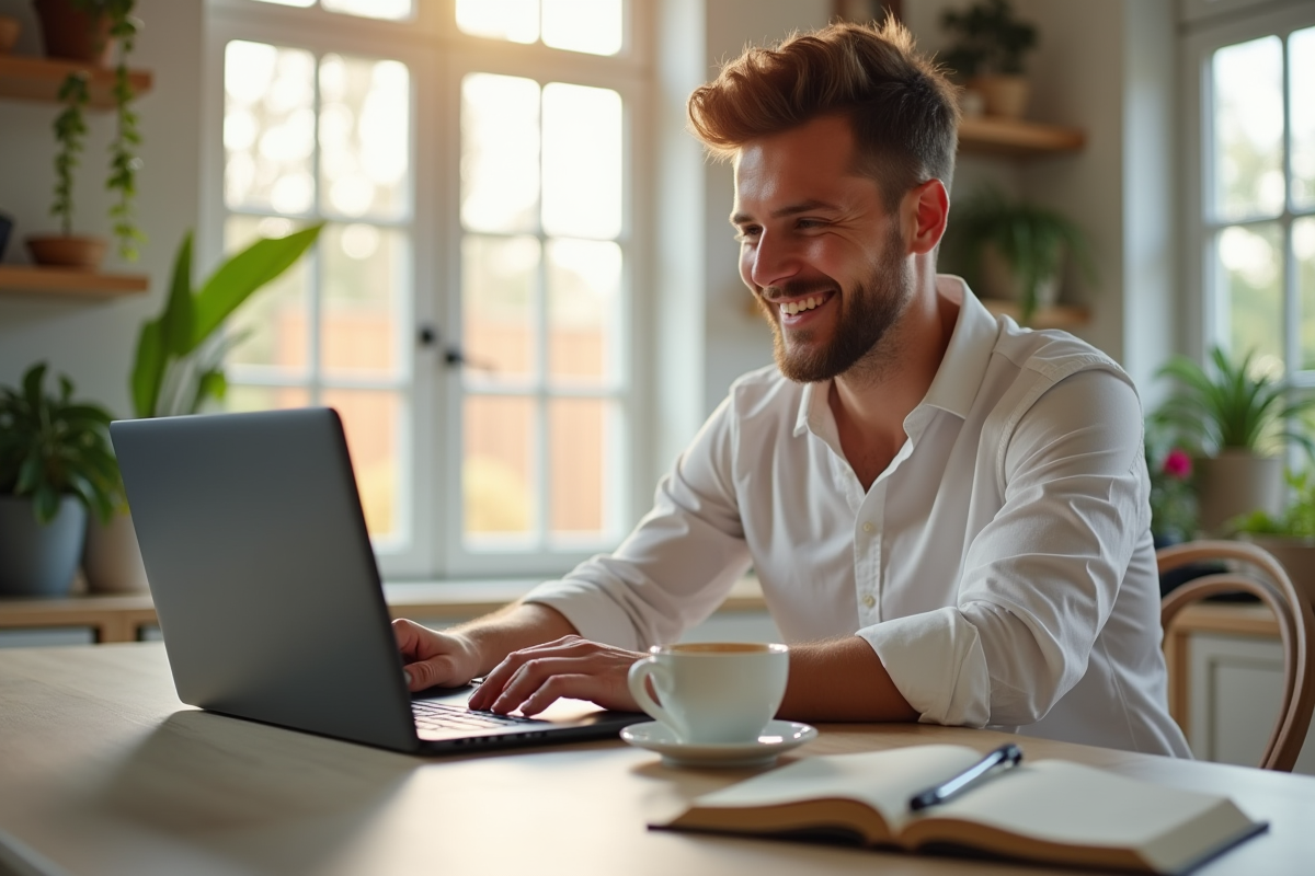 Personne heureux vérifiant ses revenus mensuels sur un ordinateur portable