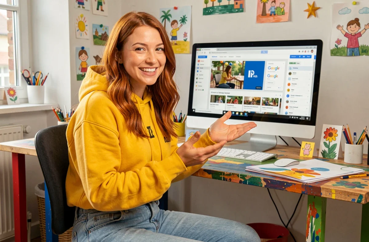 Créatrice enthousiaste de l'agence Piou Piou Prod gérant une campagne vidéo Google Ads dans un studio coloré à Toulouse