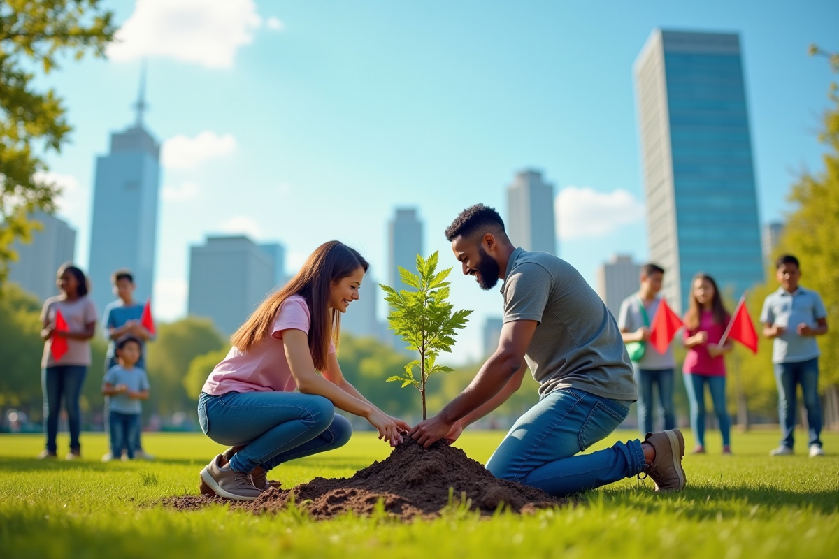 Deux personnes plantent un arbre avec des enfants dans un parc
