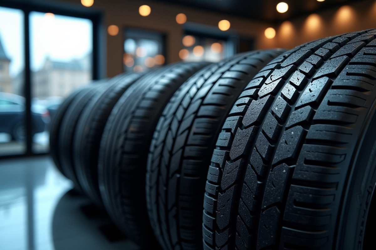 Gros plan sur pneus Michelin neufs dans un magasin élégant