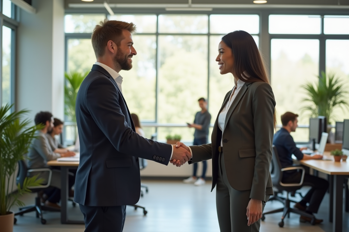 Main tendue entre un leader et un employé dans un espace lumineux