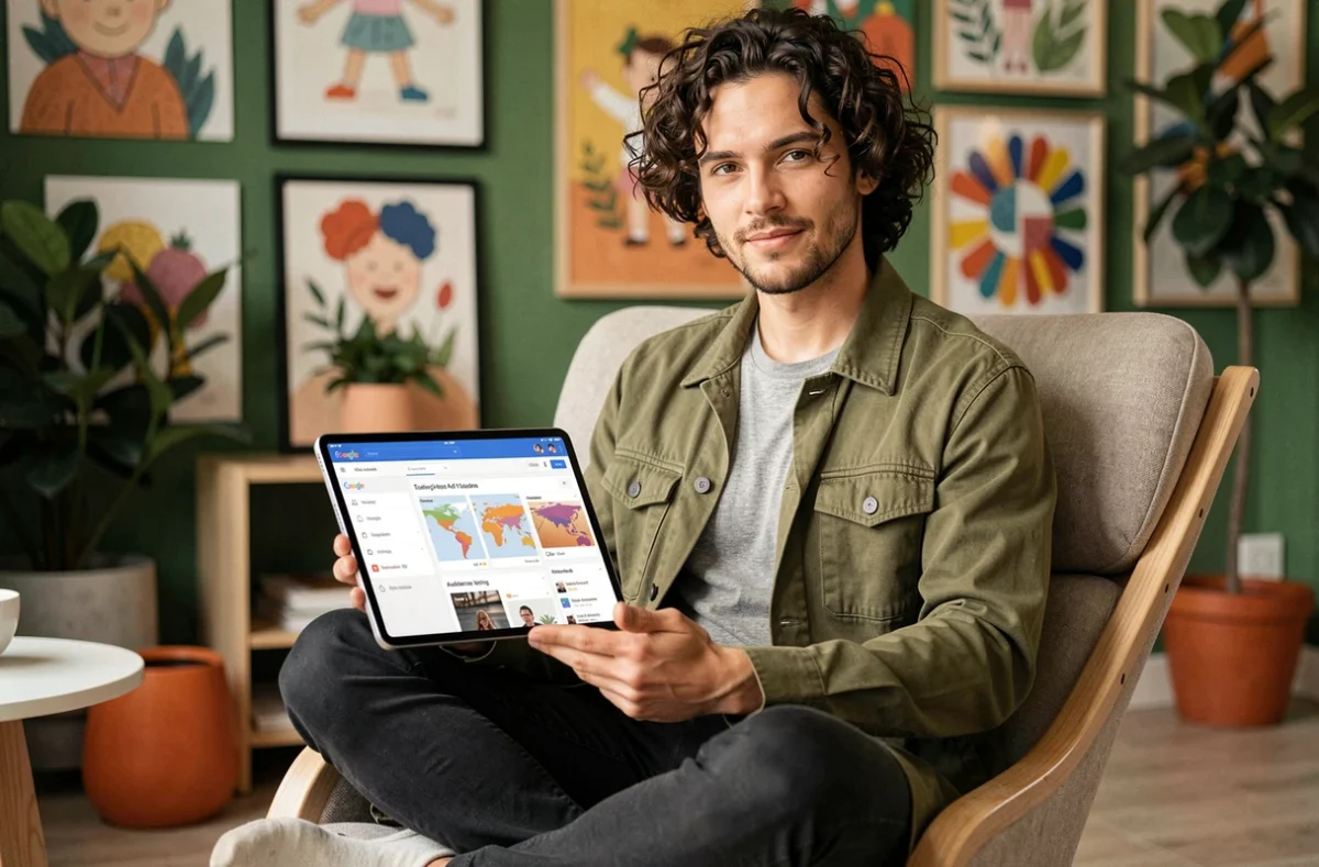 Spécialiste créatif de l'agence Polpoz consultant des formats publicitaires Google Ads sur une tablette dans un studio coloré à Toulouse