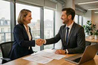 Consultante en portage salarial signant un contrat avec un client dans un bureau moderne à Nantes