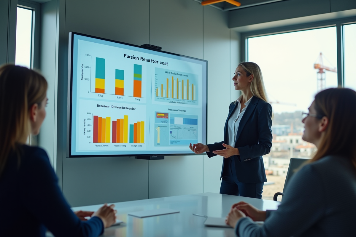 Jeune femme présente des graphiques de fusion dans une salle lumineuse