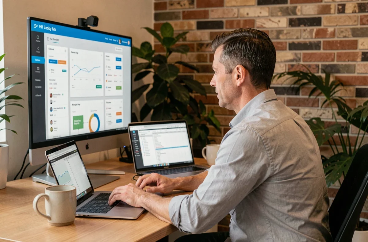 Professionnel RH travaillant sur un logiciel de gestion multisites dans un espace de coworking moderne