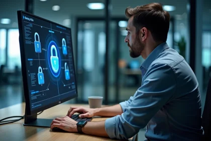 Homme professionnel en informatique concentré sur un moniteur sécurisé