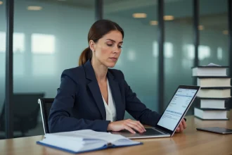 Professionnelle en blazer marine consultant une facture numérique sur ordinateur portable dans un bureau administratif moderne