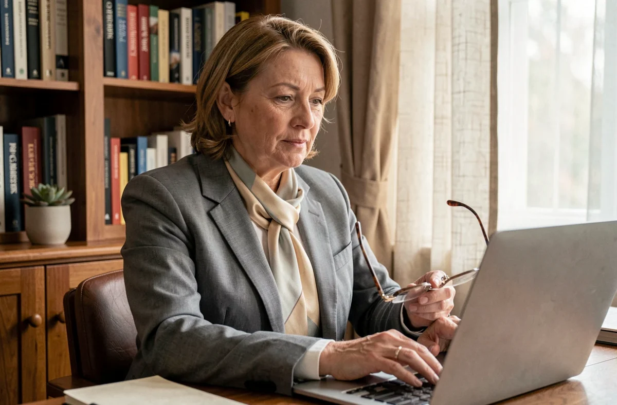 Professionnelle indépendante consultant les avis en ligne sur RH Solutions depuis son bureau à domicile