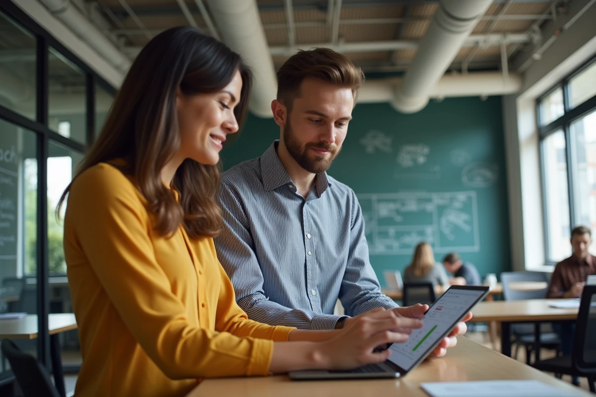 Deux professionnels du marketing discutant des prix d'outils IA sur une tablette dans un espace de coworking