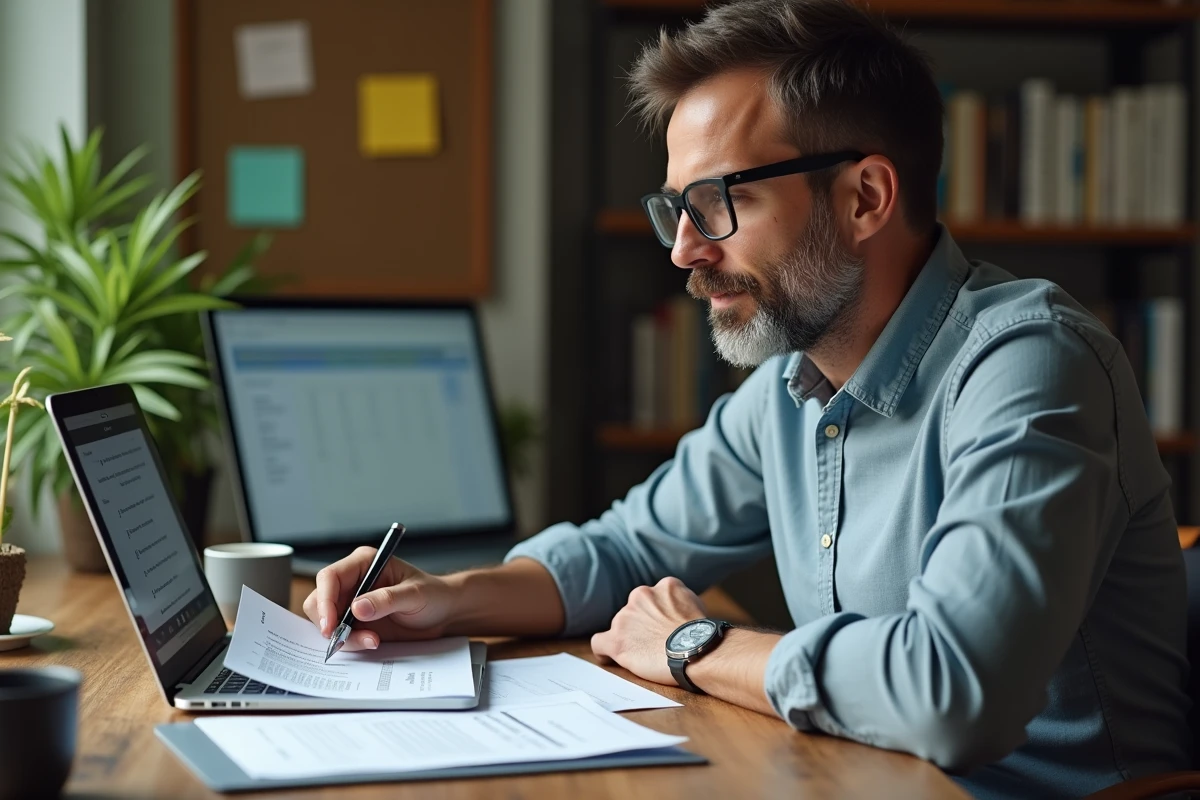 Chef d'entreprise comparant une liste d'entreprises de nettoyage professionnelles depuis son bureau à domicile avec documents imprimés et ordinateur portable