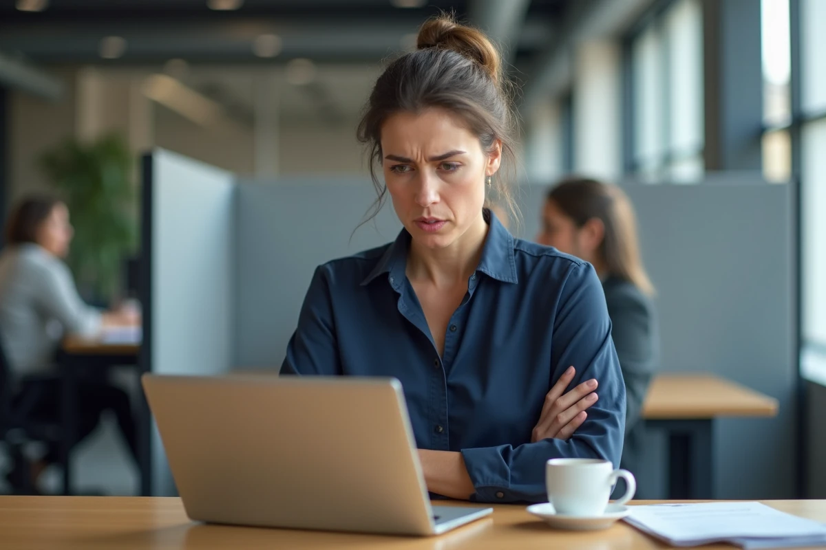 Femme frustrée devant un chat en direct sur son ordinateur portable au bureau, illustrant une mauvaise expérience client en ligne