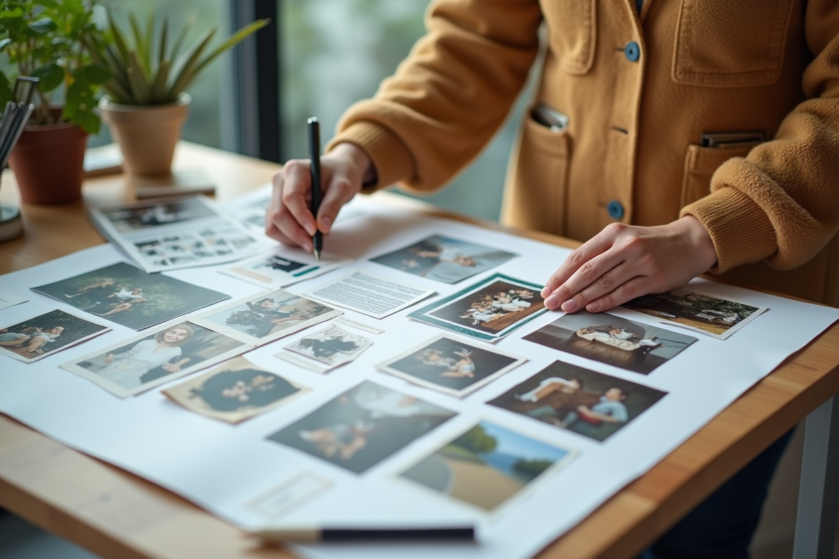 Mains assemblant un tableau de vision avec photos et notes