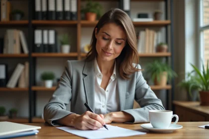 Femme rédigeant une lettre recommandée avec accusé de réception à son bureau à domicile
