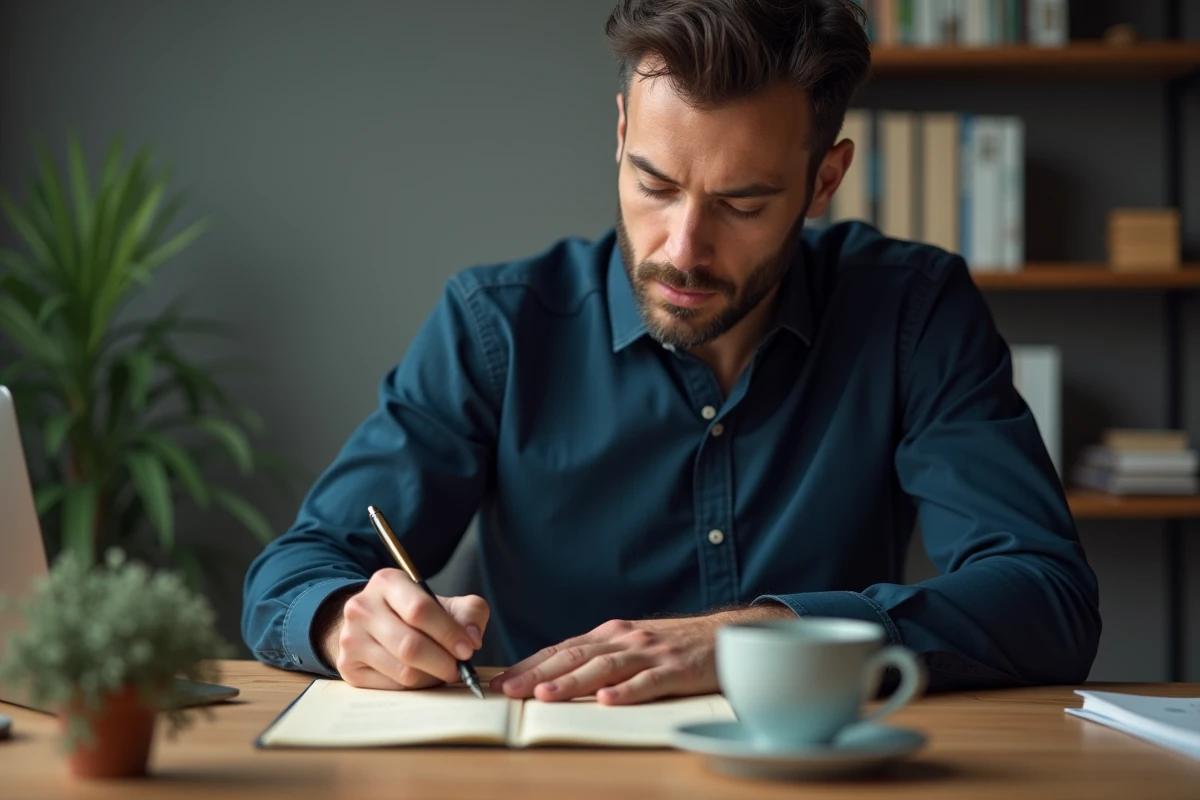 Homme r&eacute;digeant un message de condol&eacute;ances manuscrit sur du papier cr&egrave;me dans un bureau calme et sobre