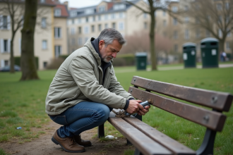 Homme d'âge moyen réparant un banc dans un parc urbain