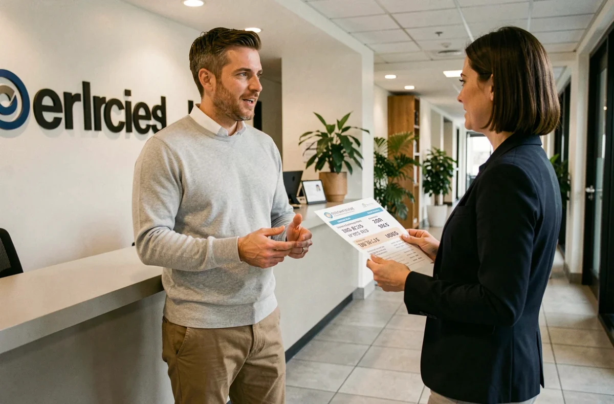 Entrepreneur masculin renseignant les tarifs de réservation de bureaux dans un espace d'incubation professionnel