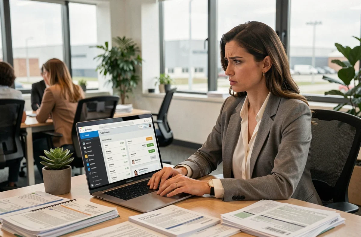 Responsable achats analysant un tableau de bord de points de fidélité sur un ordinateur portable dans un bureau moderne