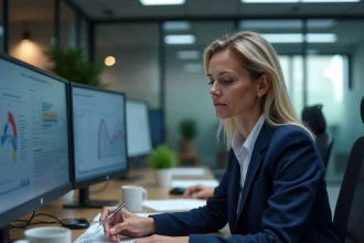 Responsable conformité douanière analysant des données sensibles sur un logiciel Prodouane dans un bureau moderne