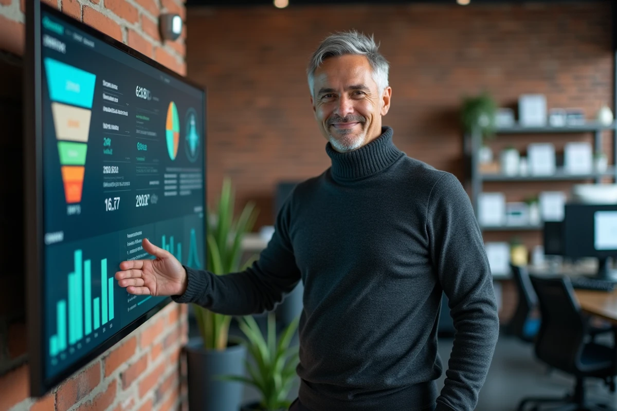 Responsable marketing présentant des visuels de stratégie digitale et d'entonnoir de conversion sur grand écran mural