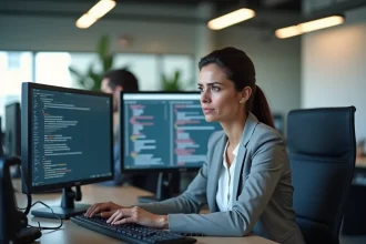 Responsable RH frustrée face aux erreurs de paramétrage d'un logiciel RH sur son poste de travail en open space