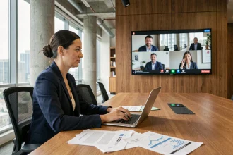 Responsable RH en réunion vidéo avec des équipes multisites dans un bureau moderne d'entreprise